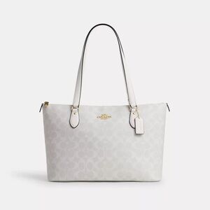 Coach Pale Gray/White Signature Tote with Gold Hardware